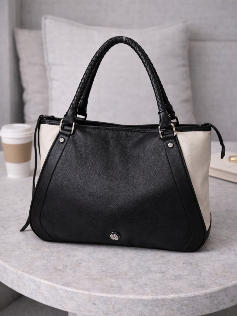 Elliott Lucca Black cream Leather Shoulder Bag tote